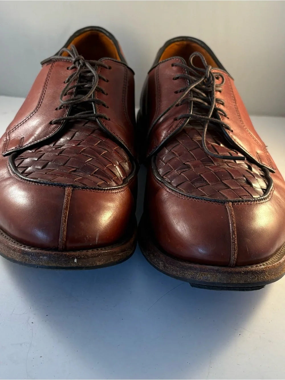 ALLEN EDMONDS Mens 8.5 EEE Hersey Brown Woven Leather Split Toe Lace Up 3160 USA